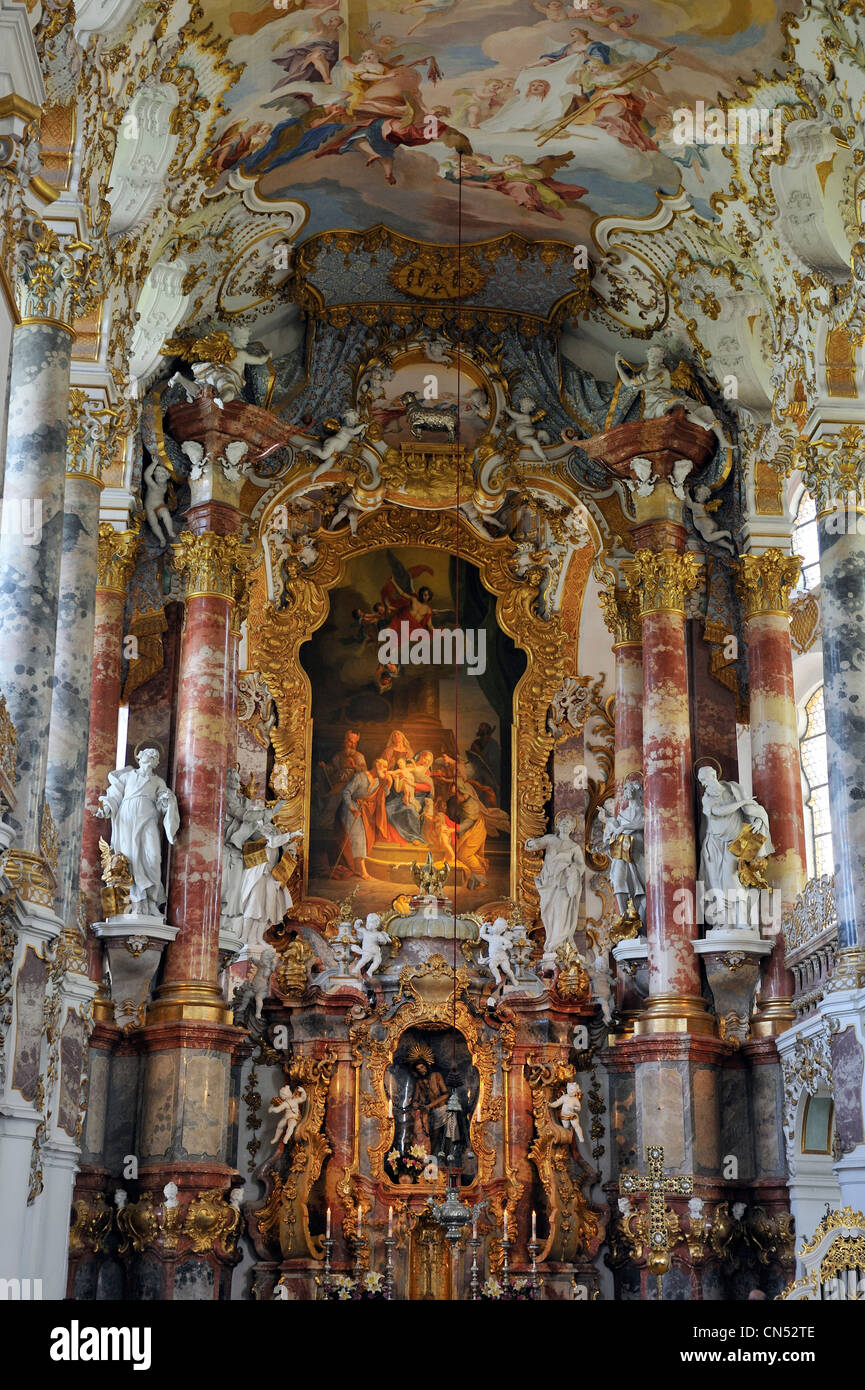 Germany, Bavaria, Steingaden, pilgrimage church of Wies, listed as World Heritage by UNESCO, Rococo style Stock Photo