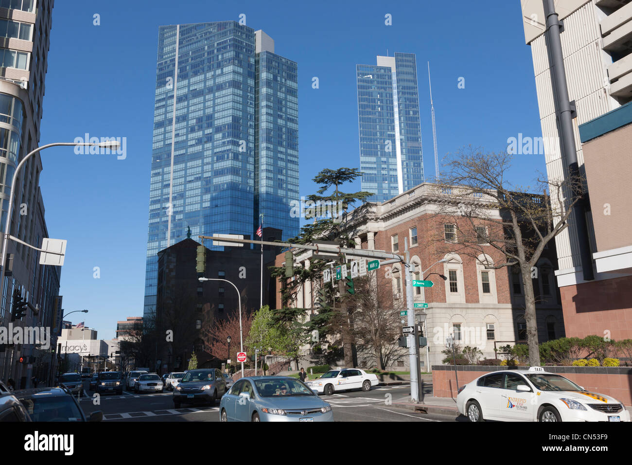 View down Main Street toward the Residences at the Ritz-Carlton, Westchester, in White Plains, New York. Stock Photo