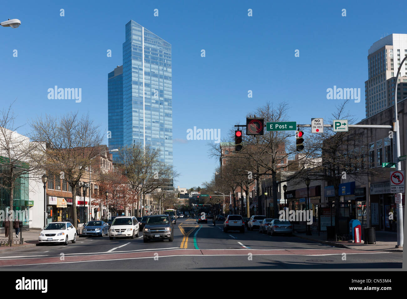 View down Mamaroneck avenue toward the Residences at the Ritz-Carlton, Westchester, in White Plains, New York. Stock Photo