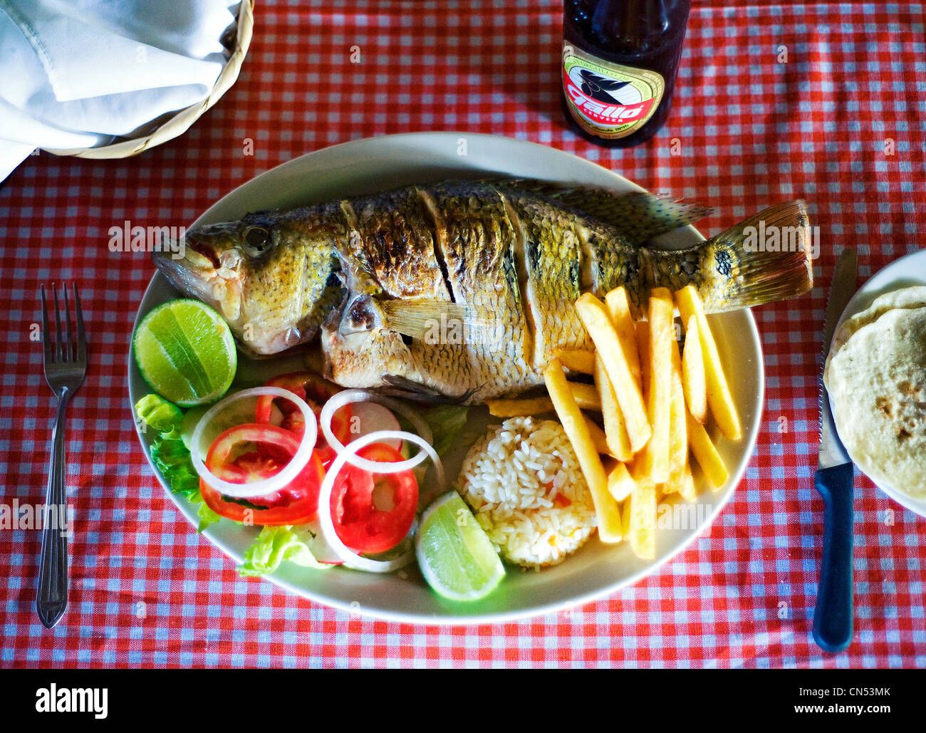 A lunch of freshly caught fish at a restaurant in Sayaxche. Stock Photo