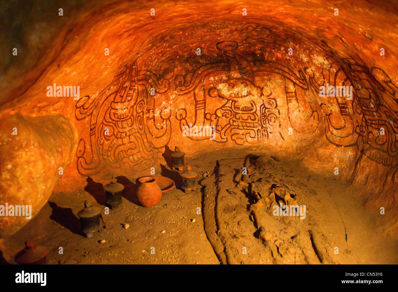 A Mayan burial chamber display in Guatemala City's National Archaeology Museum. Stock Photo