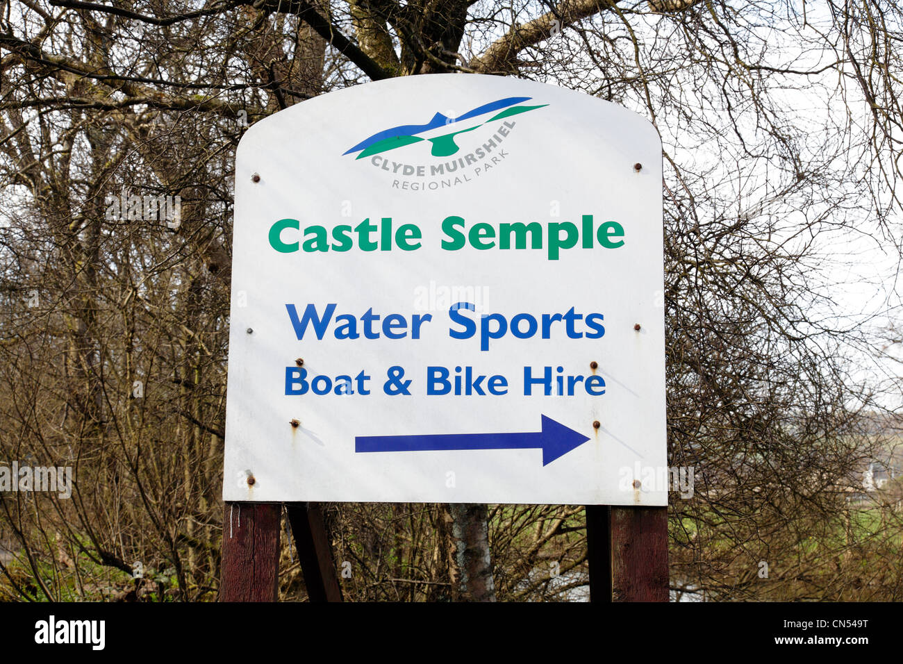 Castle Semple Water Sports centre directions sign in Clyde Muirshiel Regional Park, Lochwinnoch, Renfrewshire, Scotland, UK Stock Photo