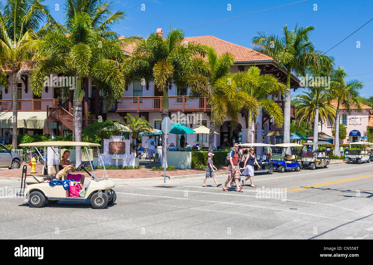 Golf carts in Boca Grande on Gasparilla Island in Florida Stock Photo