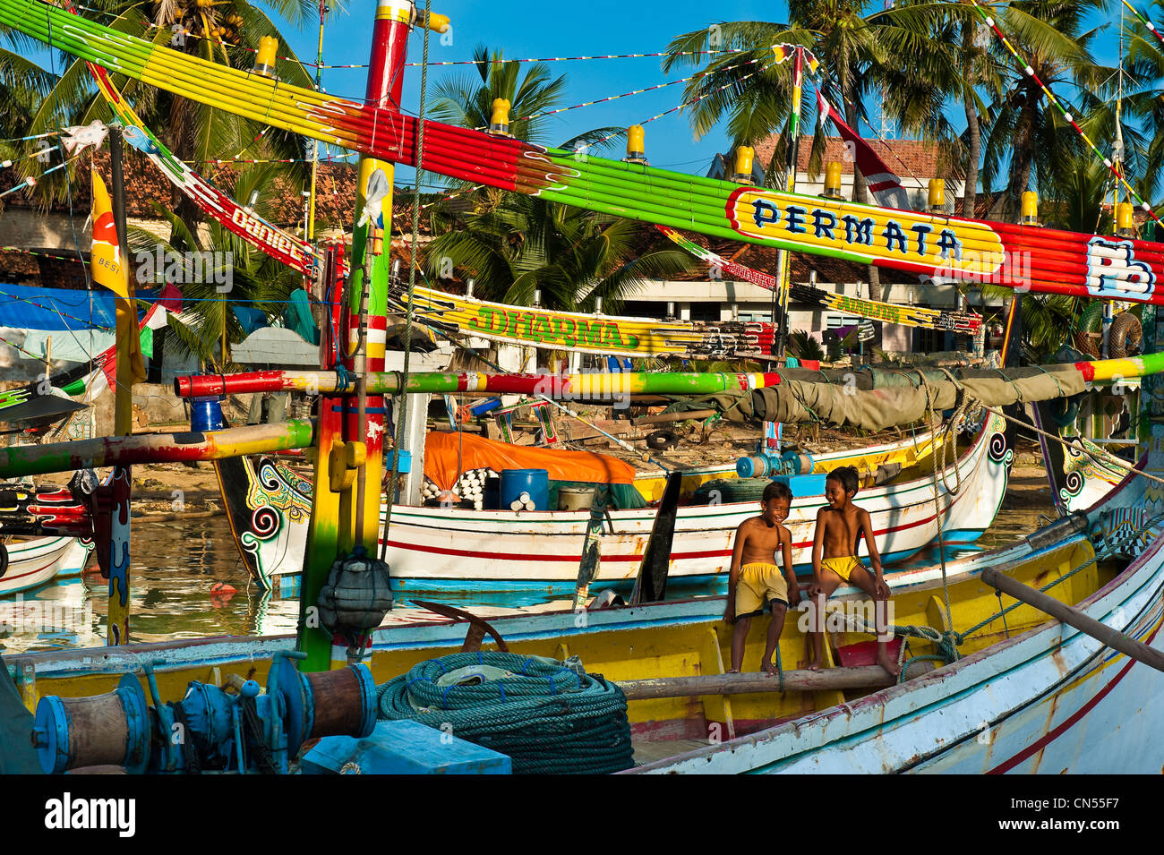 Indonesia, Java, East Java Province, Madura Island, Pasongsongan village, boats called Porsel Stock Photo