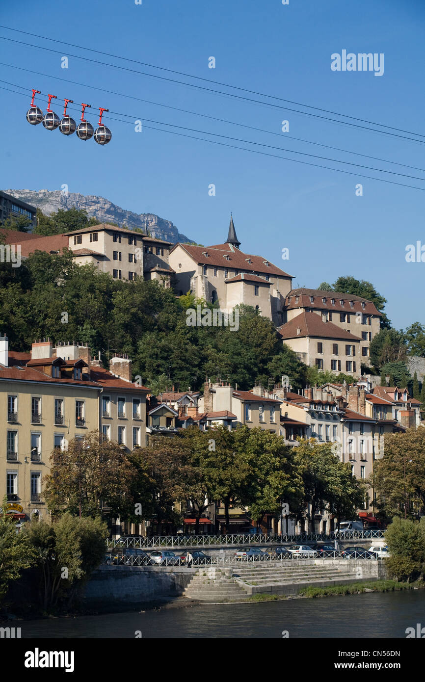 France, Isere, Grenoble, view on Isere River and St. Laurent District, Musee dauphinois (Dauphinois Museum) and Bastille cable Stock Photo