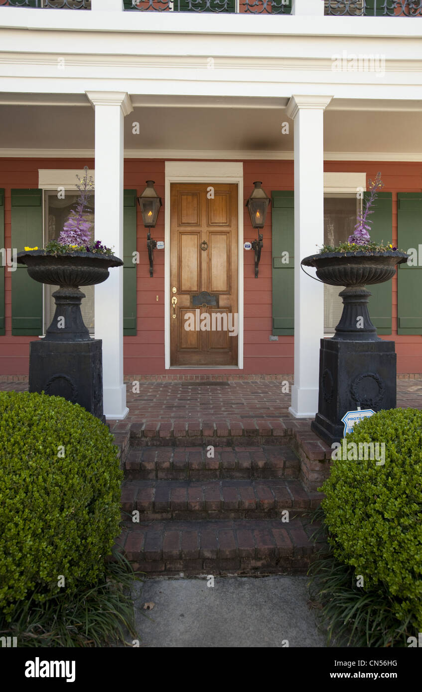 Architectural detail of a house with gas lamps in Memphis, Tennessee Stock Photo