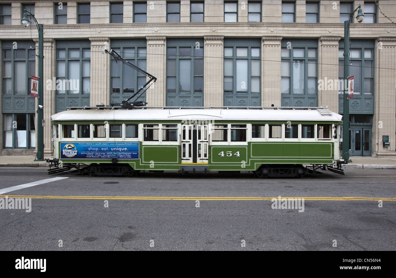 Vintage green and white Riverfront Loop Trolley car parked in front of the Amtrak Train Station in Memphis, Tennessee Stock Photo