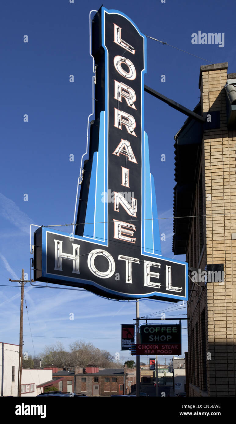 A vintage black and blue neon sign advertising the historic Lorraine Hotel in Memphis, Tennessee Stock Photo