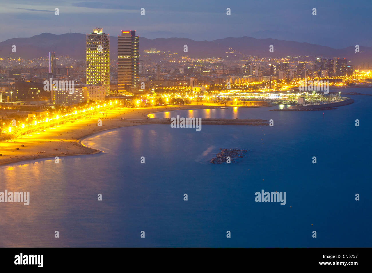 Spain, Cataluna, Barcelona, view from Hotel W over Barceloneta beach, Arts and Mapfre hotels and Olympic port built in 1992 for Stock Photo