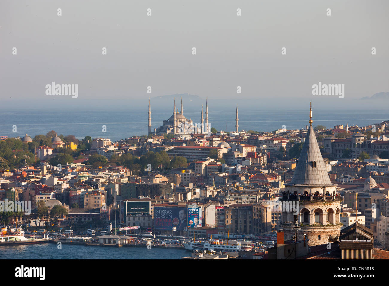 Turkey, Istanbul, Beyoglu, Galata Tower and the Blue Mosque in the background Stock Photo
