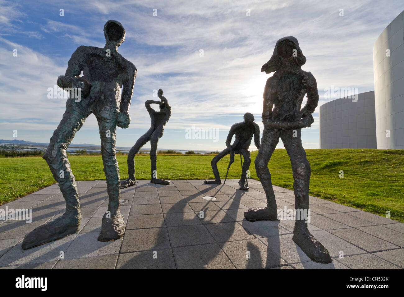 Iceland, Reykjavik, contemporary statue at feet of Perlan, ancient geothermal reservoir on the hill oskjuhlid Stock Photo