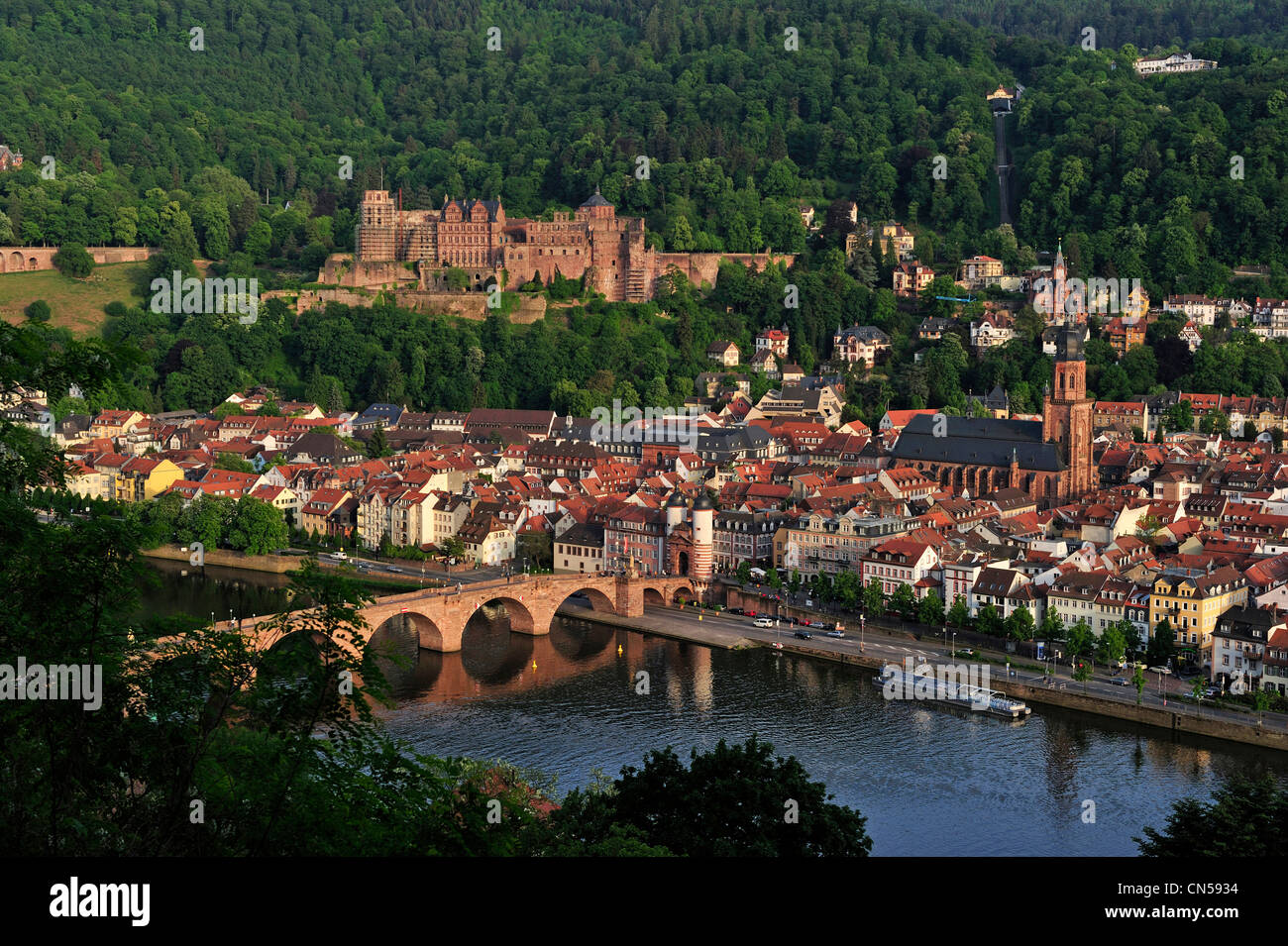 Germany, Baden Württemberg, Heidelberg, the city, the castle from the right bank of the Neckar and the old bridge Karl-Theodor Stock Photo