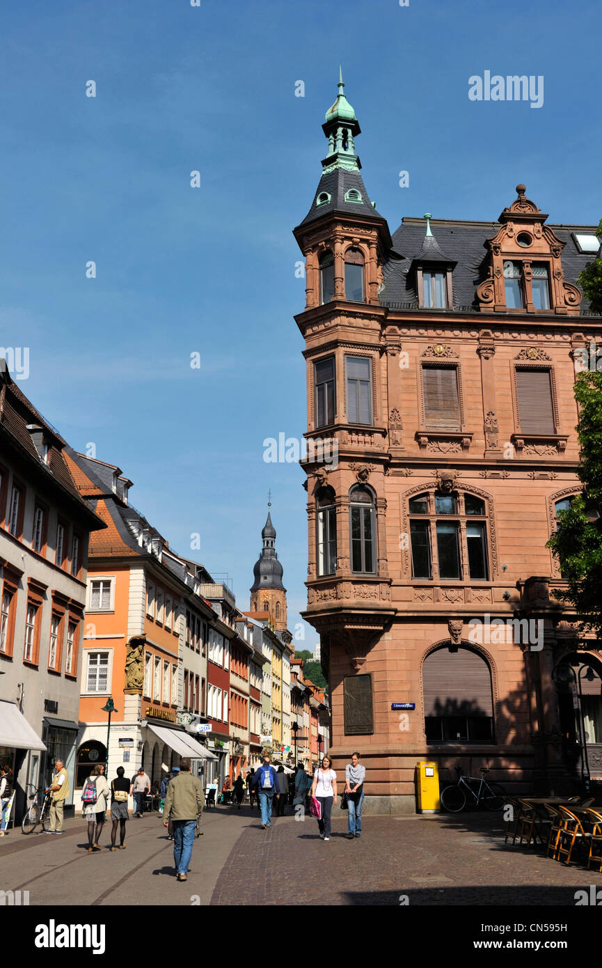 Germany, Baden Württemberg, Heidelberg, Hauptstrasse the main street with the church of the Holy Spirit (Heiliggeistkirche) Stock Photo