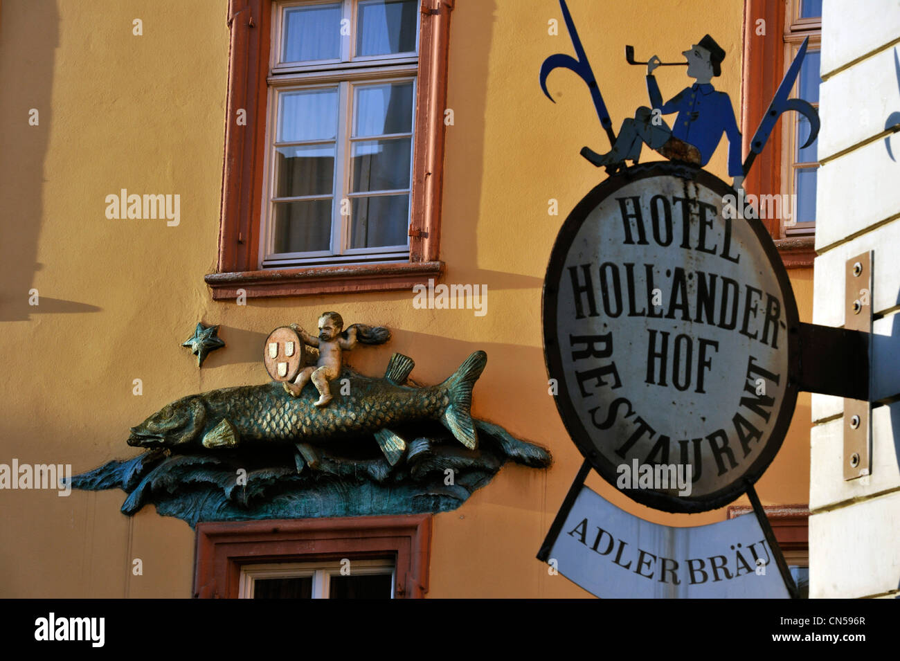 Germany, Baden Württemberg, Heidelberg, Steingasse street, sign at the Goldener Hecht restaurant and the hotel Hollander Hof Stock Photo