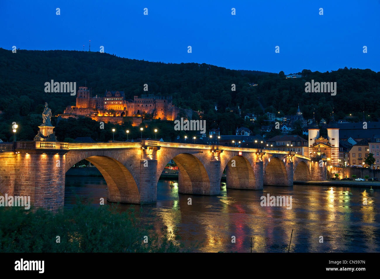 Germany, Baden Württemberg, Heidelberg, the city, the castle from the right bank of the Neckar and the old bridge Karl-Theodor Stock Photo
