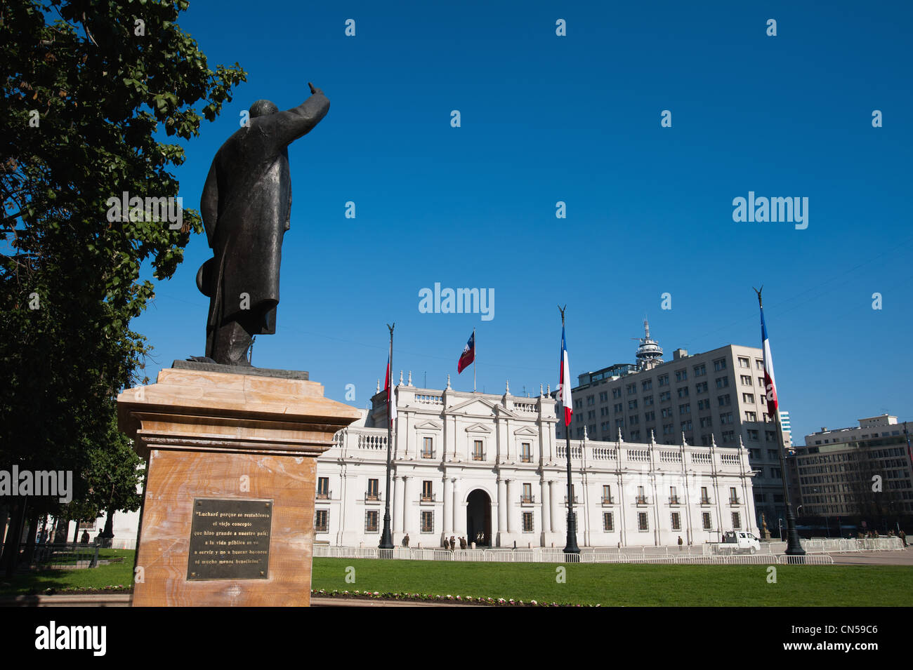 Chile, Santiago de Chile, Palacio de la Moneda, Statue of Jorge Alessandri Rodriguez Stock Photo