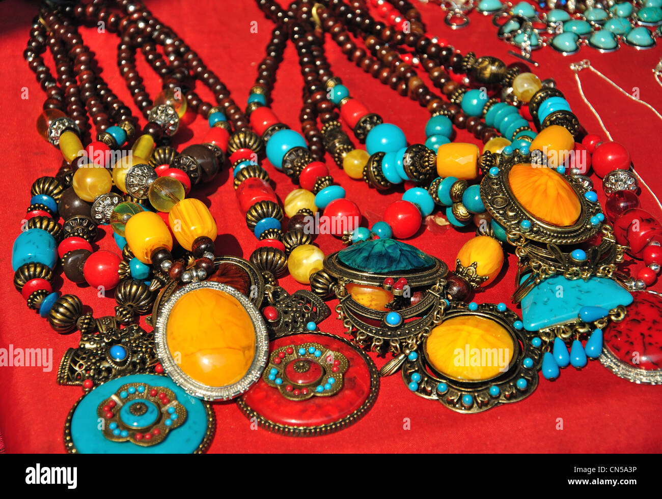 Local jewellery for sale at Hill tribes Village Museum and gardens, near Chiang Mai, Chiang Mai Province, Thailand Stock Photo