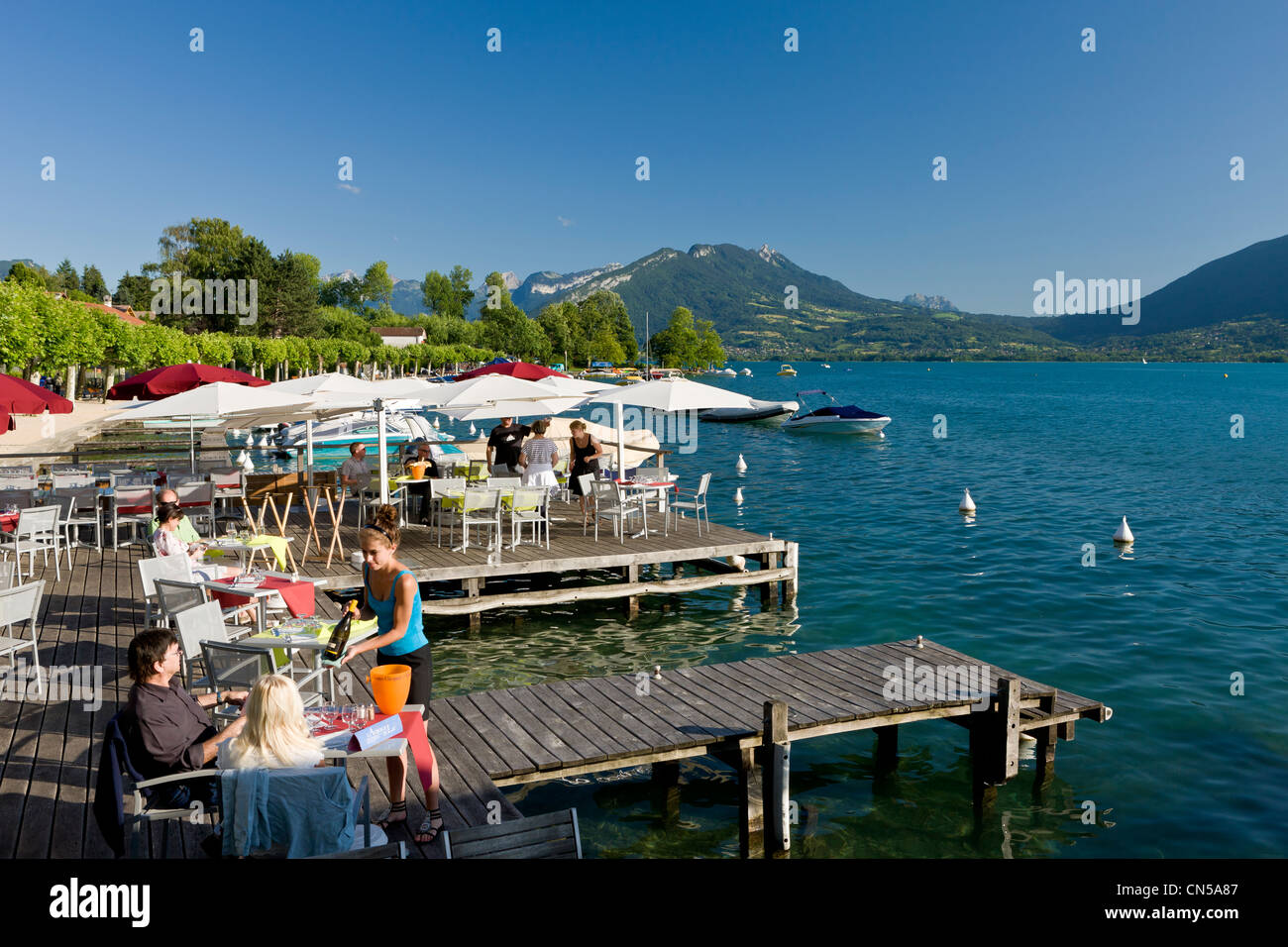 France, Haute Savoie, Veyrier du Lac, the terrace of the Auberge du Lac, Annecy lake Stock Photo