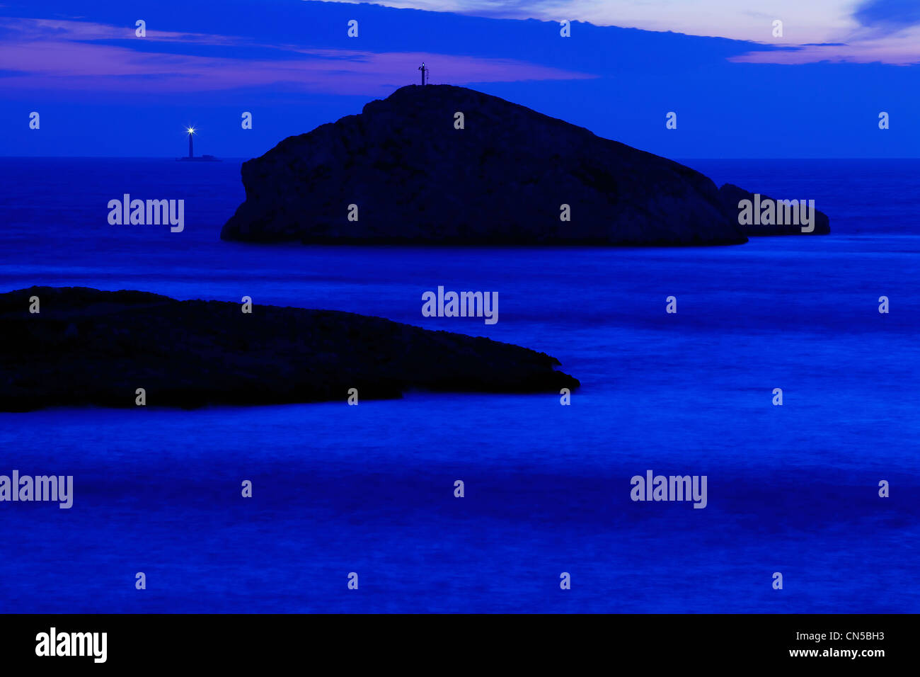 France, Bouches du Rhone, Marseille, 8th arrondissement, Les Goudes, Cap Croisette, Planier Lighthouse in the background Stock Photo