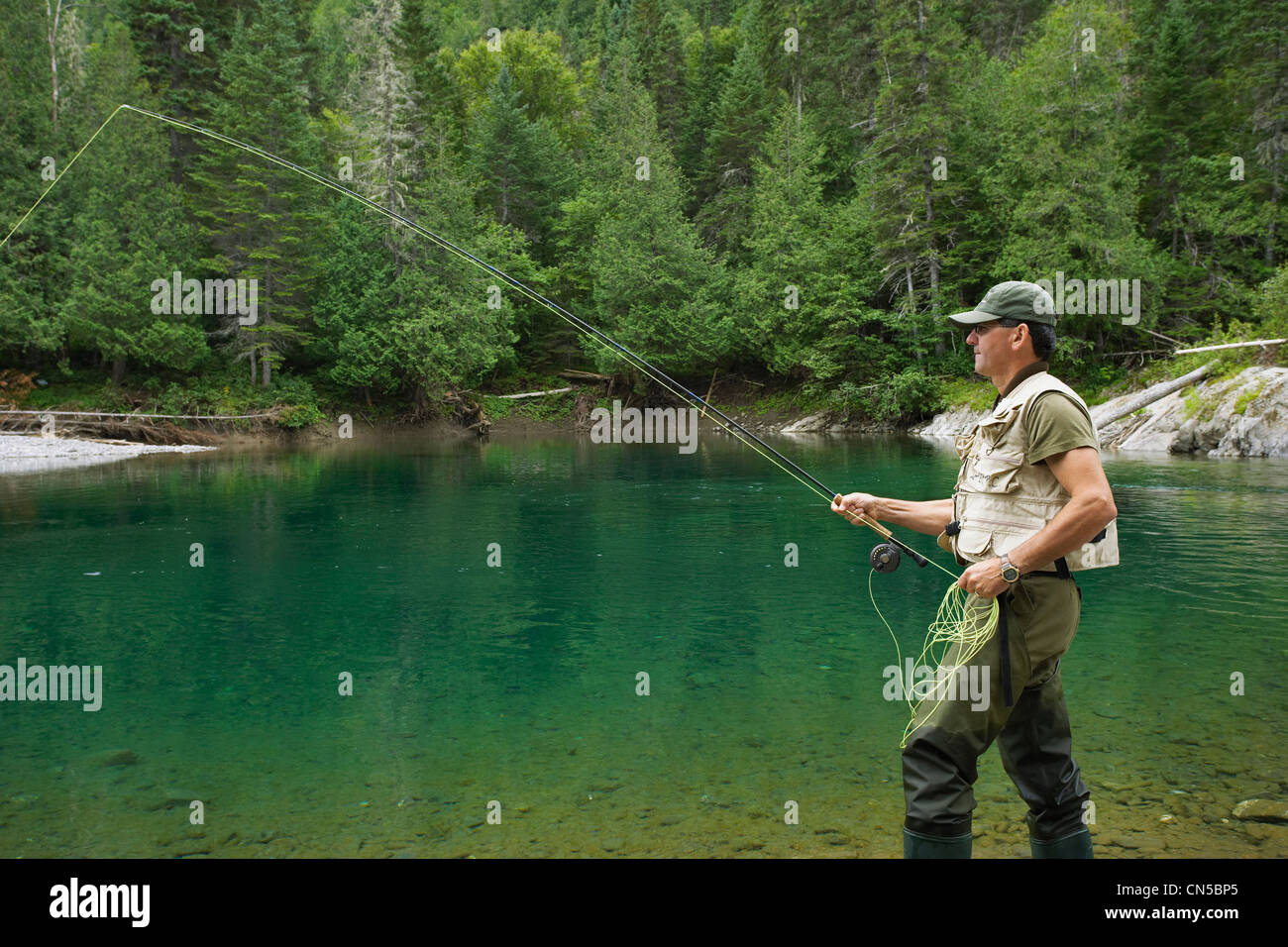 Fisherman on Petite Cascapedia River, Gaspesie Region, Quebec Stock