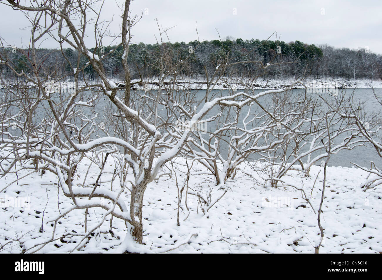 Snow covered shoreline of Greers Ferry Lake as shot from Edgemont, Arkansas Stock Photo