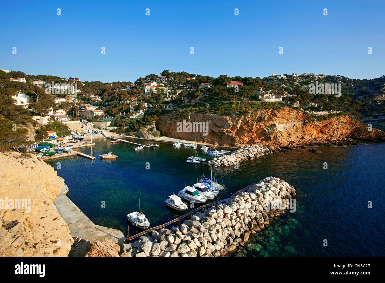France, Bouches du Rhone, Blue Coast, Bay of Marseille, Ensues la Redonne, port of La Madrague Gignac Stock Photo