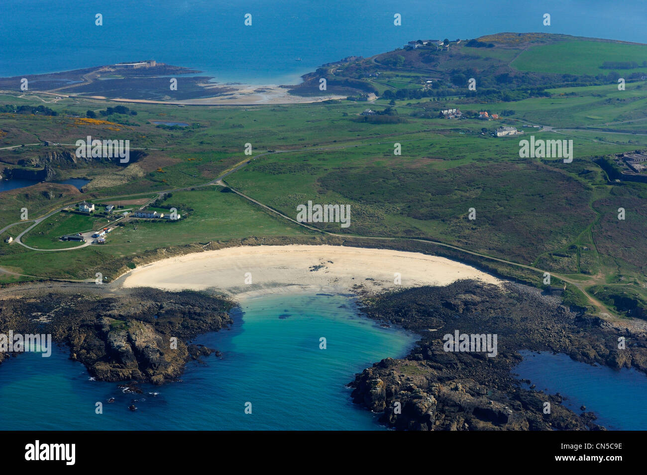 United Kingdom, Channel islands, Alderney, Saye Bay (aerial view) Stock Photo