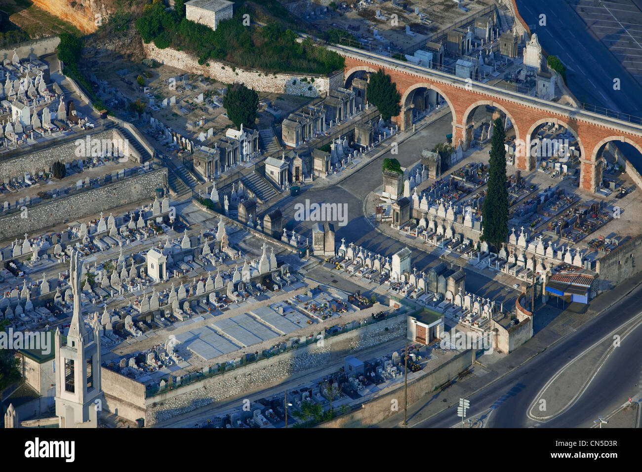 France, Bouches du Rhone, Marseille, 15th district, St Louis, church and cemetery (aerial view) Stock Photo