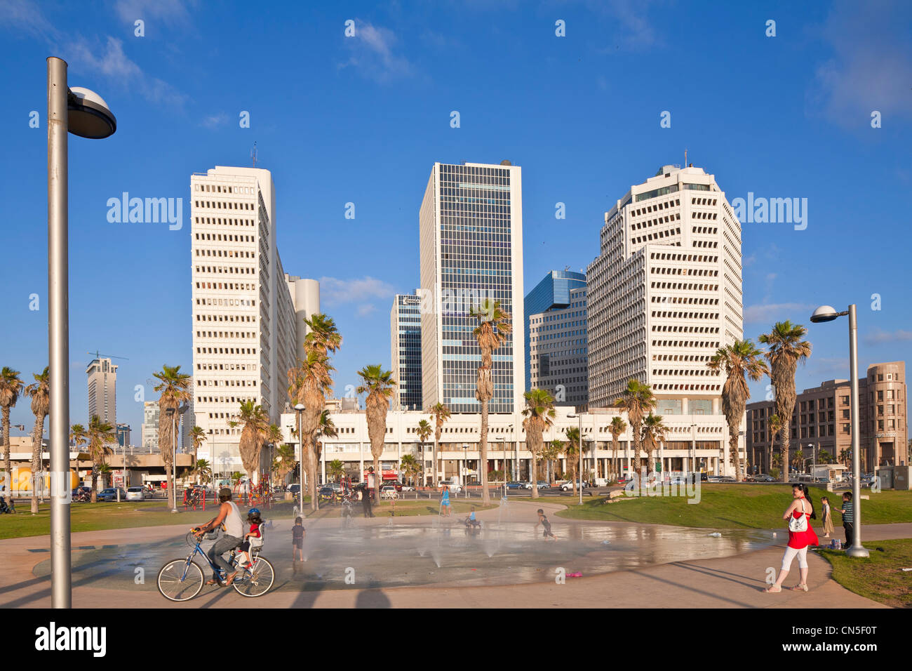 Israel, Tel Aviv, sea front, homes and offices in front of Charles Clore Park Stock Photo
