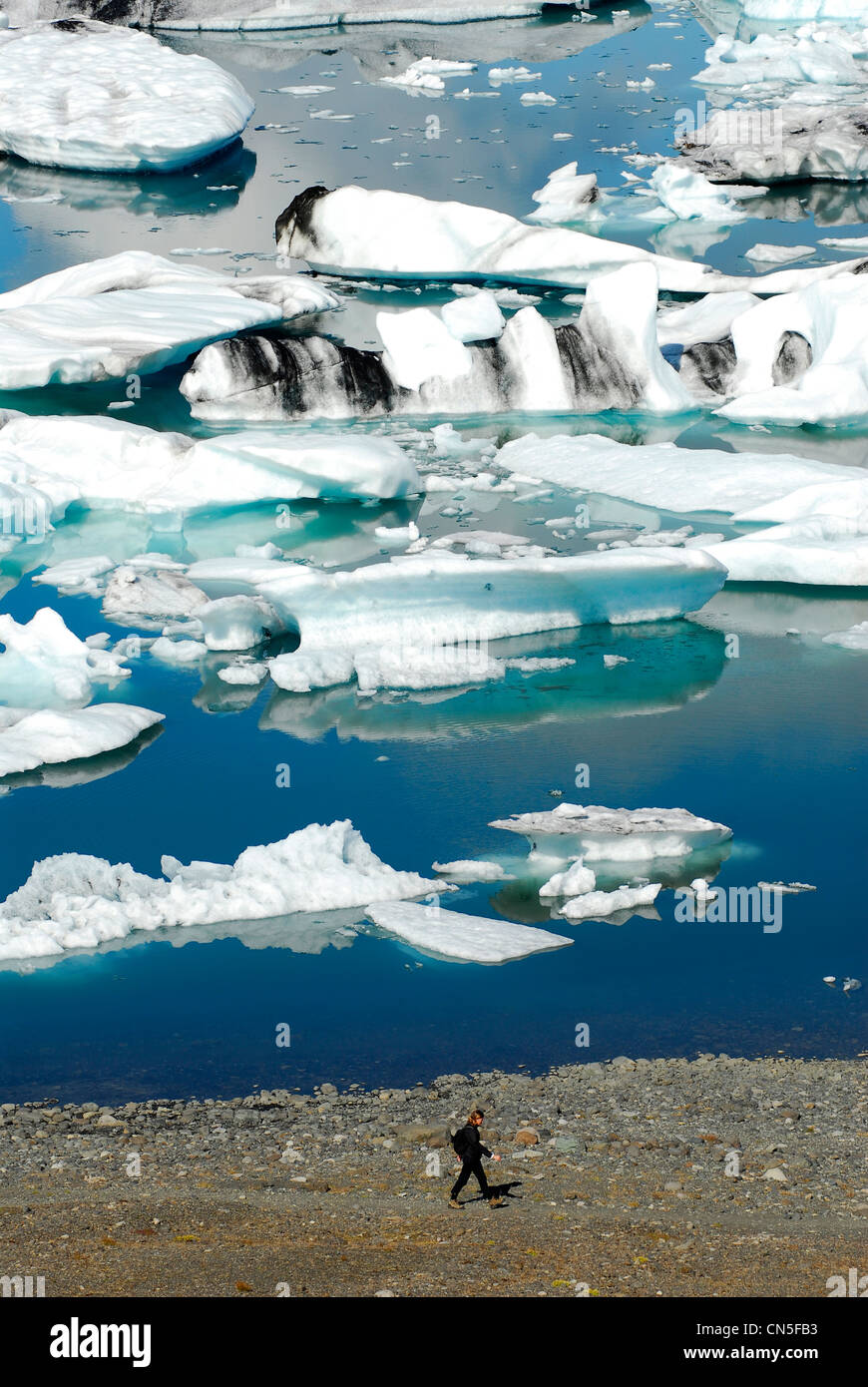 Iceland, Austurland Region, walker in front of the Jokulsarlon Glacial Lake and its icebergs Stock Photo