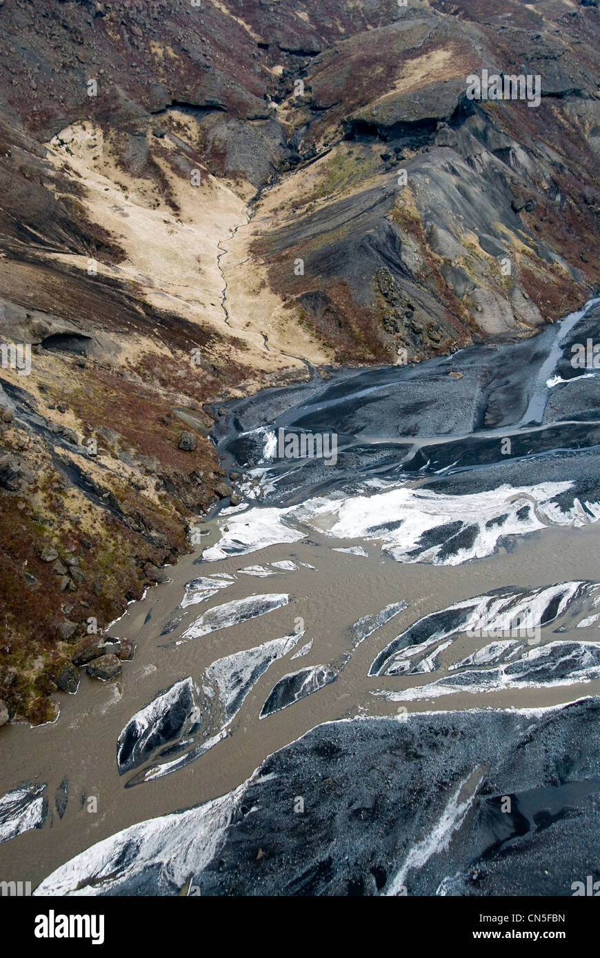 Iceland, Sudurland Region, river filled with ashes during the volcanic eruption of Fimmvorduhals in March 2010 (aerial view) Stock Photo