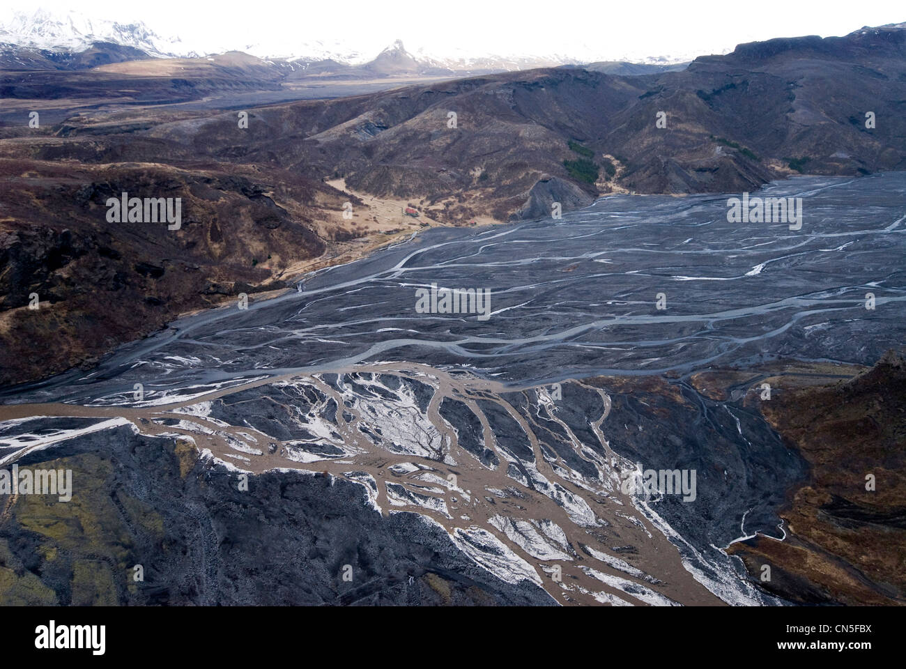 Iceland, Sudurland Region, river filled with ashes during the volcanic eruption of Fimmvorduhals in March 2010 (aerial view) Stock Photo