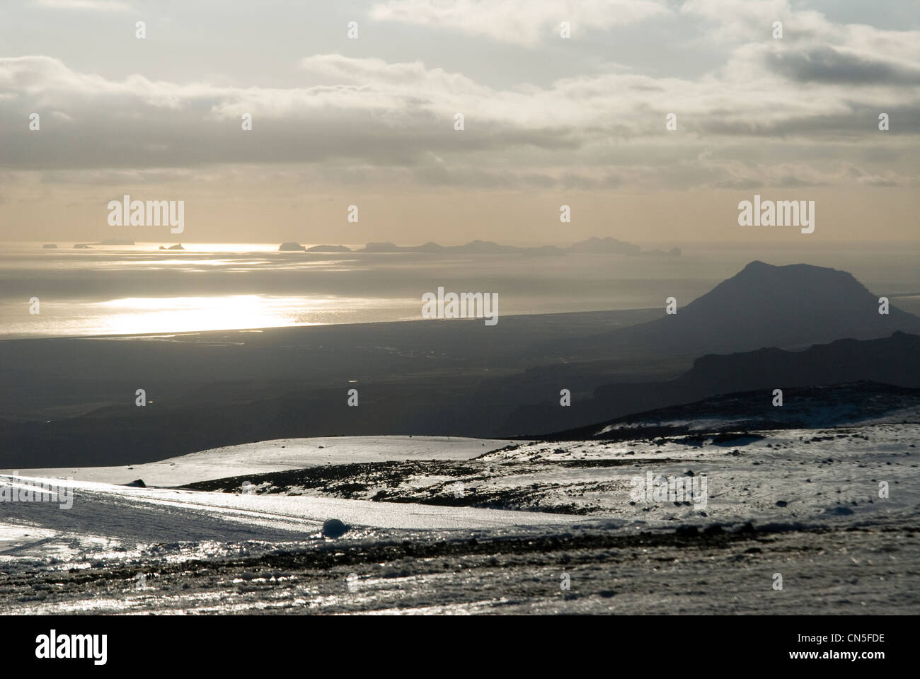 Iceland, Sudurland Region, Vestmannaeyjar Islands from Myrdalsjokull Stock Photo