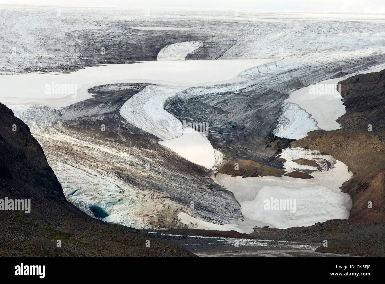 Iceland, Westfjords, Vestfirdir Region, Kaldalon Valley and Drangajokull Glacier Stock Photo