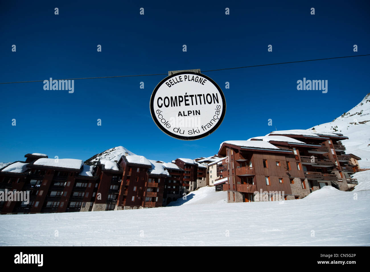 French ski school sign Competition Alpin at Belle Plagne altitude ski resort in the French Tarentaise alps Stock Photo