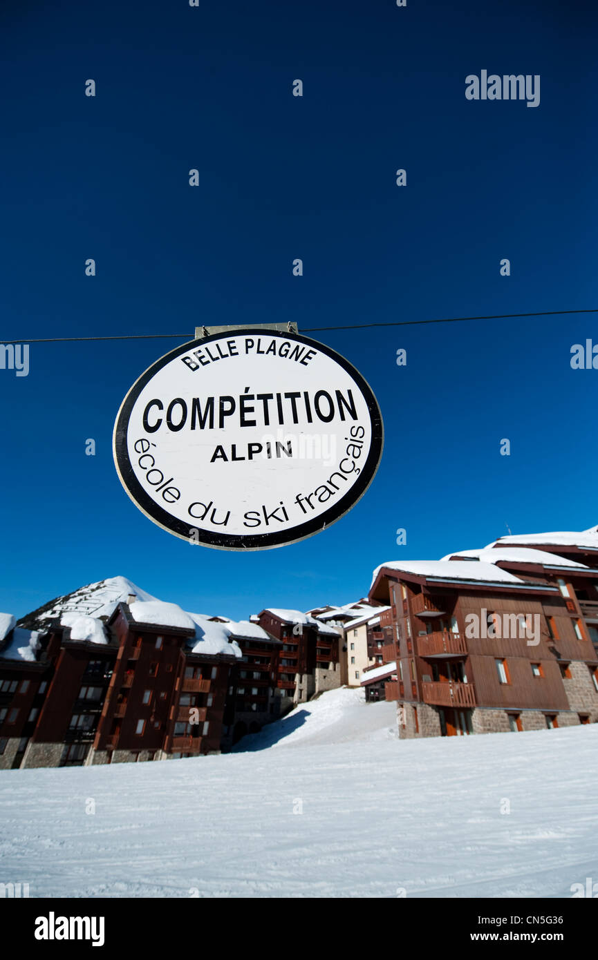 French ski school sign Competition Alpin at Belle Plagne altitude ski resort in the French Tarentaise alps Stock Photo