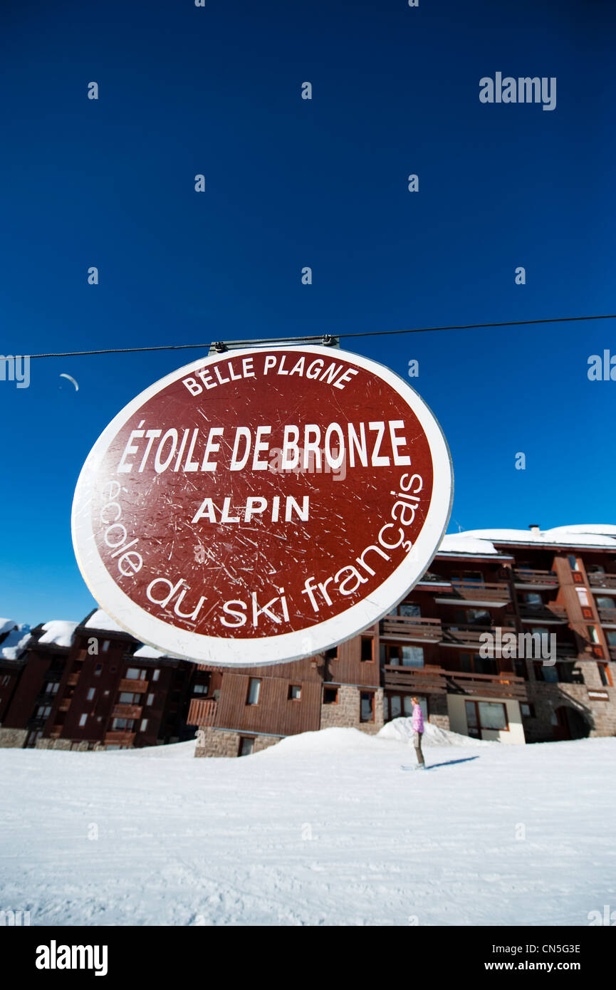 French ski school sign Etoile de Bronze Alpin at Belle Plagne altitude ski resort in the French Tarentaise alps Stock Photo