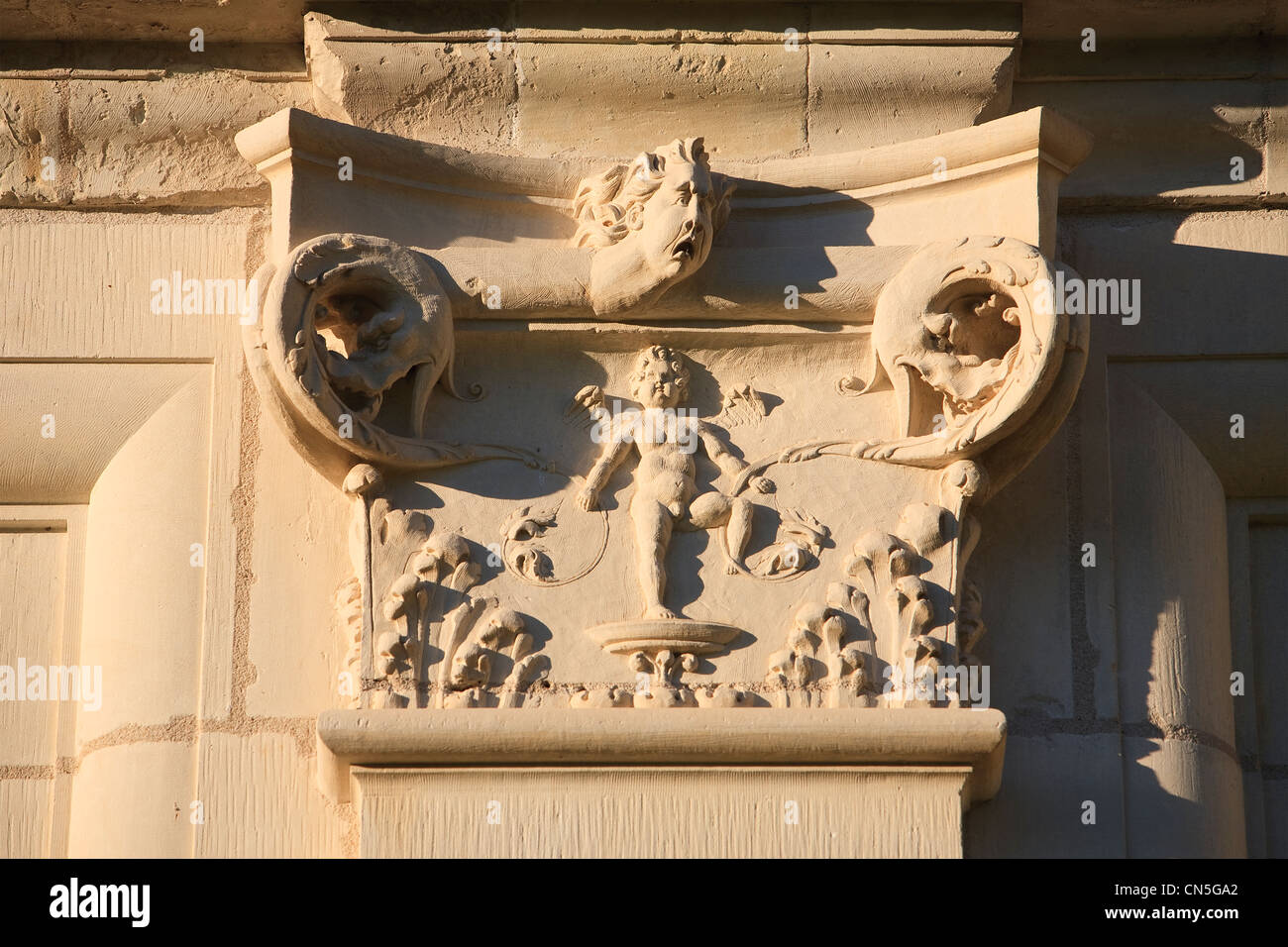 France, Loir et Cher, Loire Valley listed as World Heritage by UNESCO, Chateau de Chambord, detail of sculptures on the facade Stock Photo