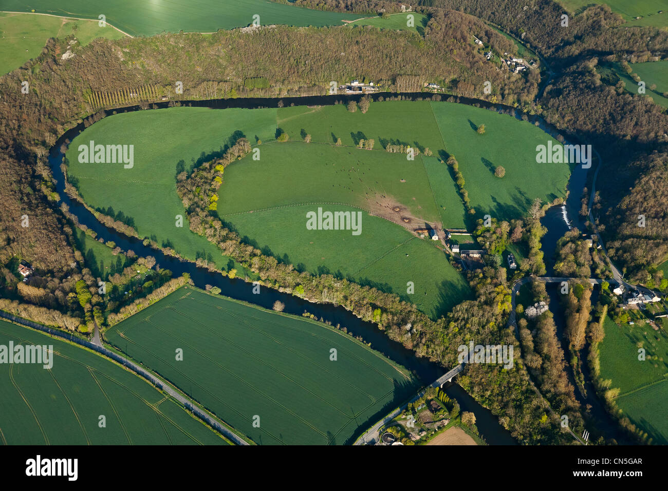 France, Calvados, Swiss Normandy, Orne valley, Thury Harcourt, meander of the Orne river (aerial view) Stock Photo