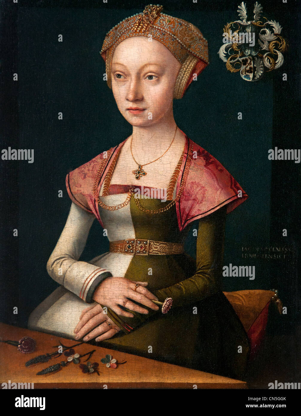 Portrait of woman holding a Nut by CLAESZt Jacob Jacob van UTRECHT Utrecht 1506 - 1532 Dutch Belgian Stock Photo