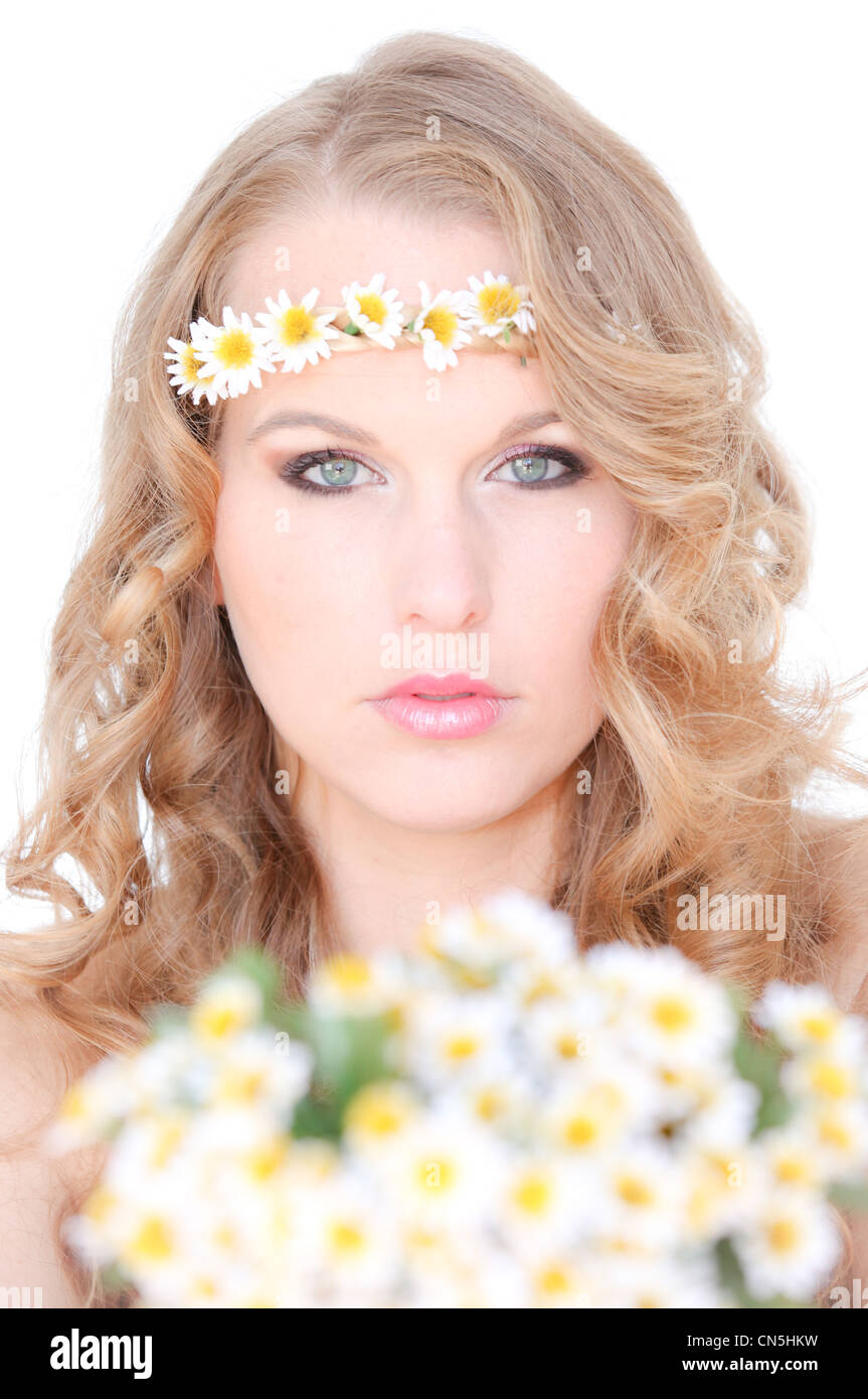 Beauty Shot Of Blonde Woman With Chamomile Flowers In Hair Stock