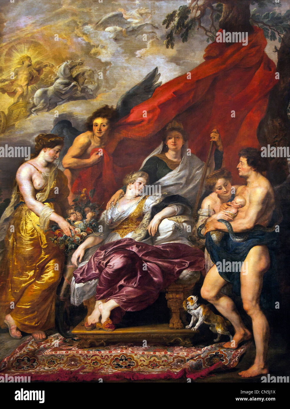 The Birth of the Dauphin ( King Louis XIII) at Fontainebleau -  Queen Marie de' Medici, widow of King Henry IV of France, by Peter Paul Rubens Belguim Stock Photo