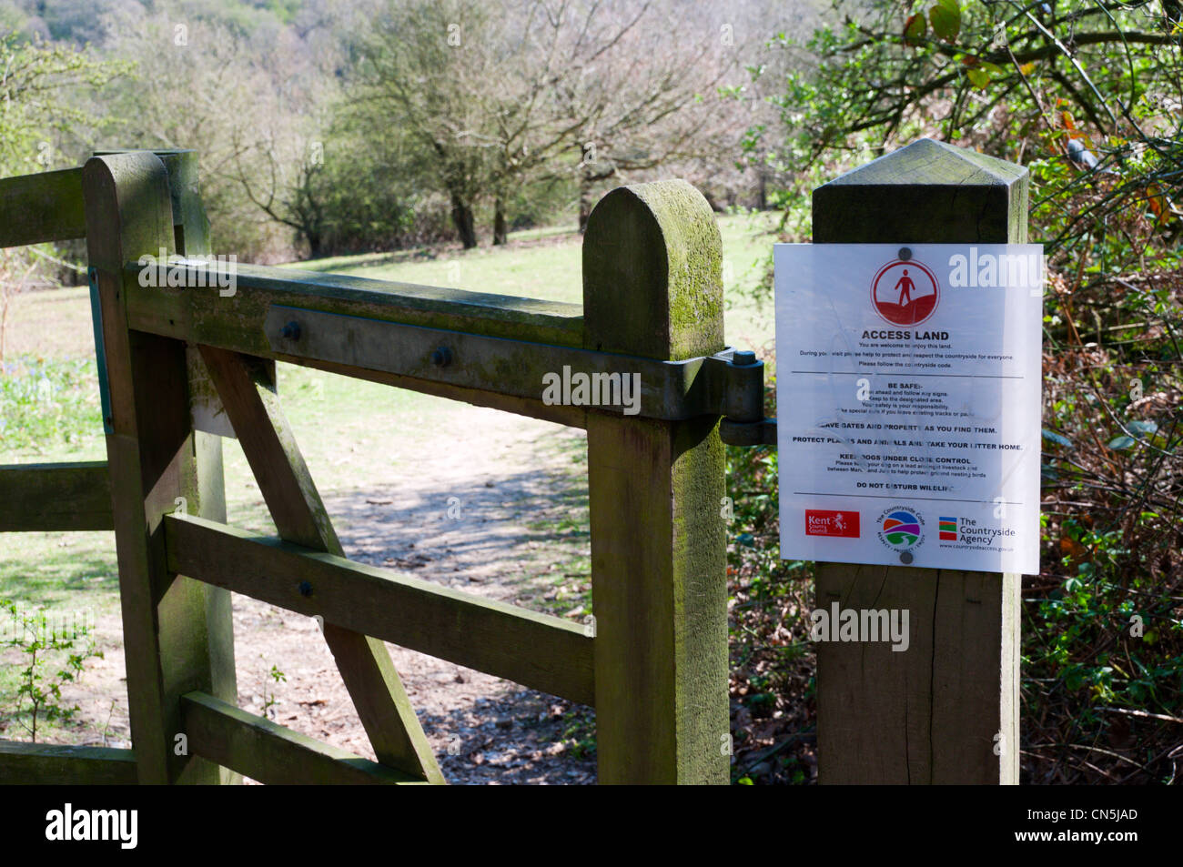 A sign next to a gate marks public Access Land in North Kent. Stock Photo