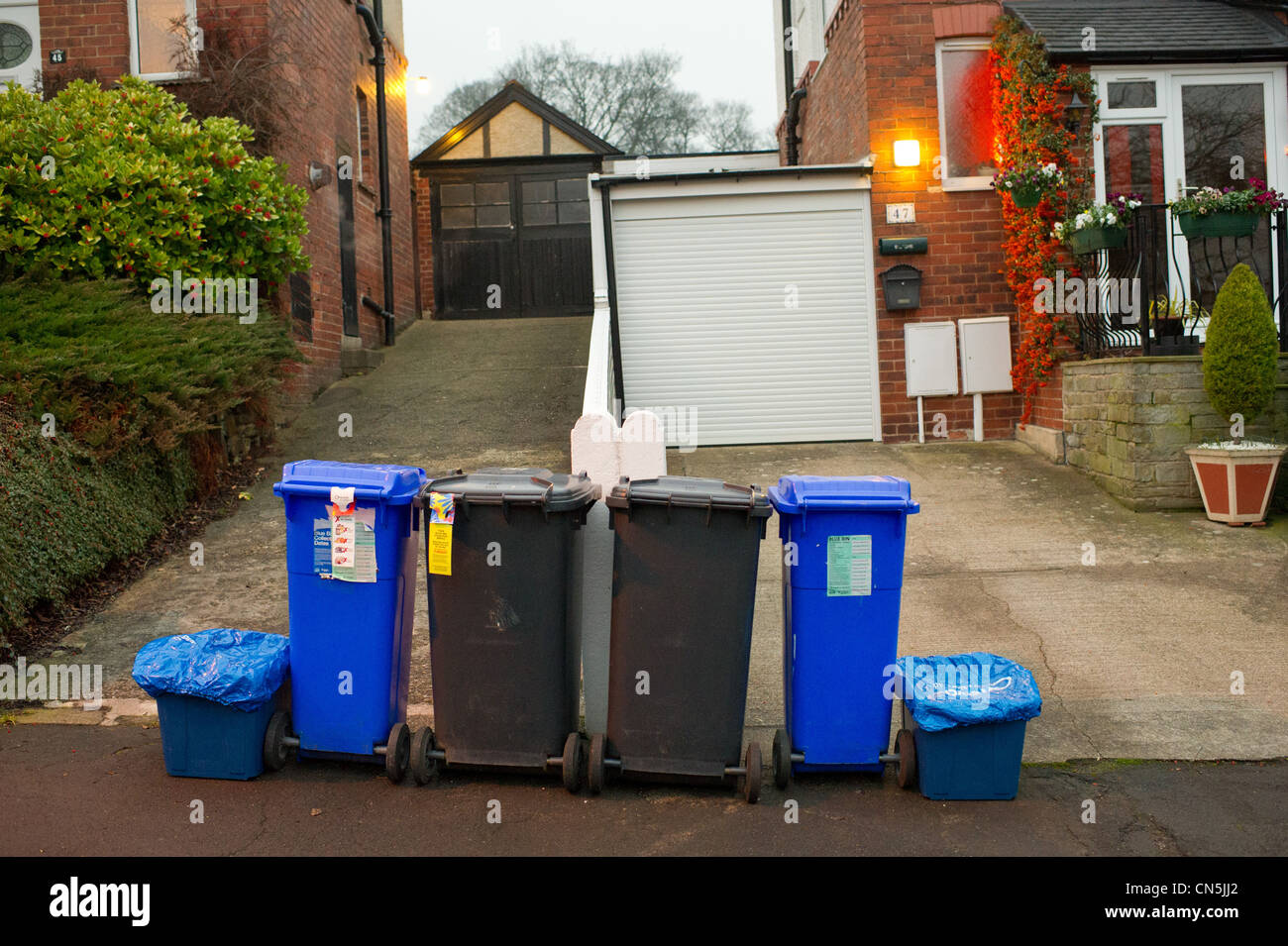 Wheelie bins on the pavement waiting to be emptied Stock Photo Alamy