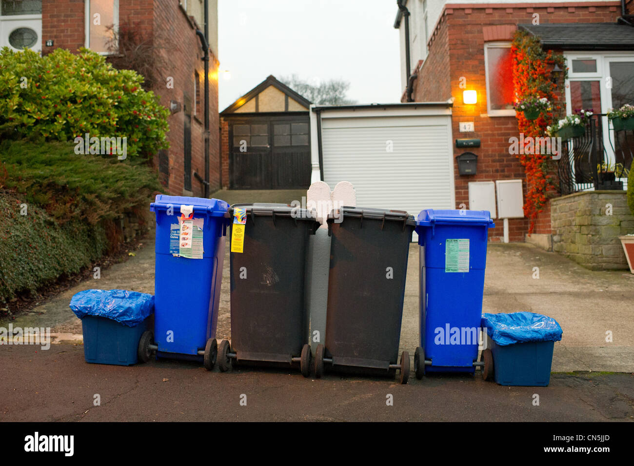 Wheelie bins on the pavement waiting to be emptied Stock Photo Alamy
