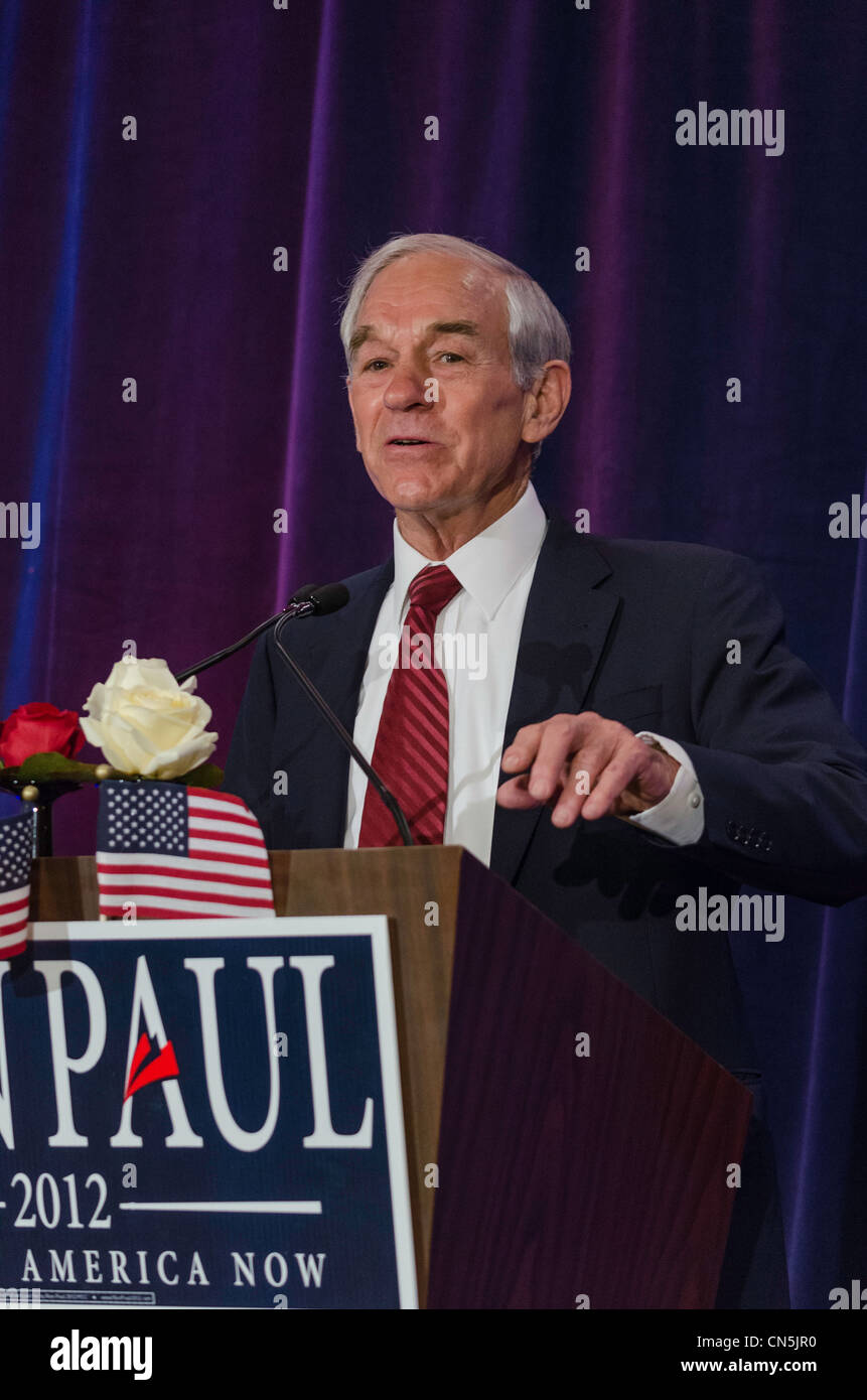 2012 presidential candidate, Ron Paul, speaks to supporters in San Francisco, California on 04/05/2012. Stock Photo