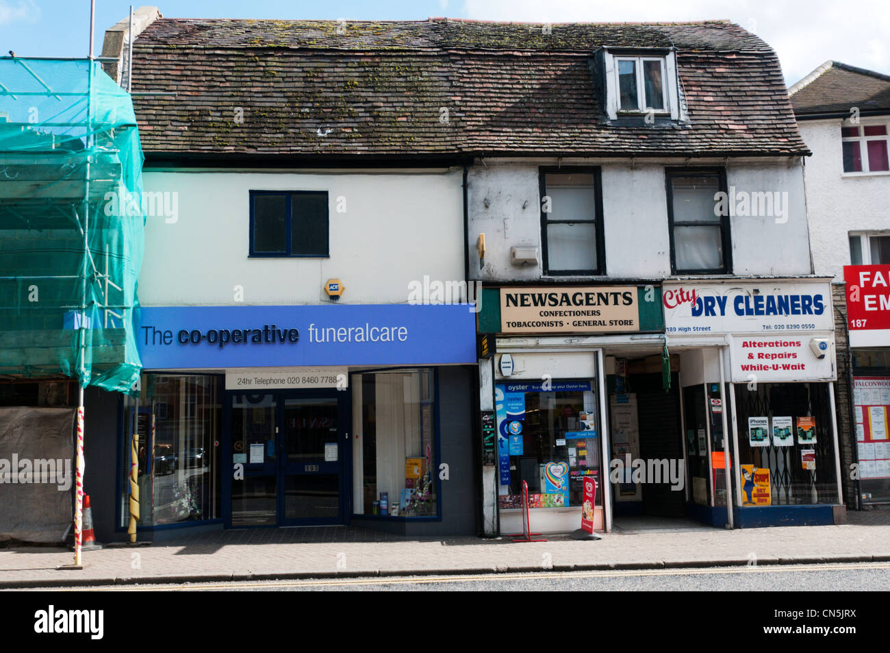 Co-op Funeralcare in parade of small traditional shop fronts. Stock Photo