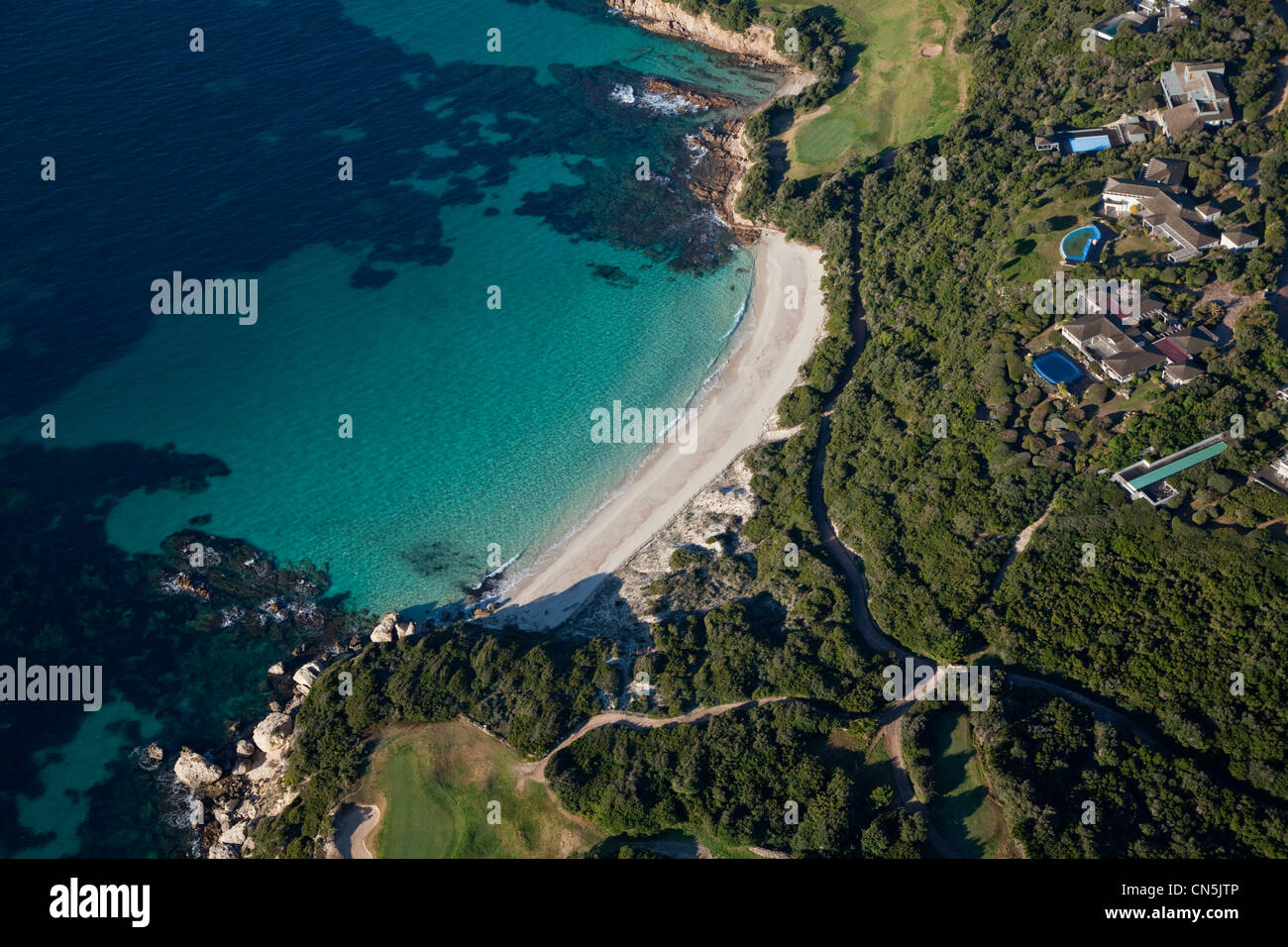 France, Corse du Sud, Pointe de Sperone, Sperone Golf course, Sperone beach, villa with pool (aerial view) Stock Photo
