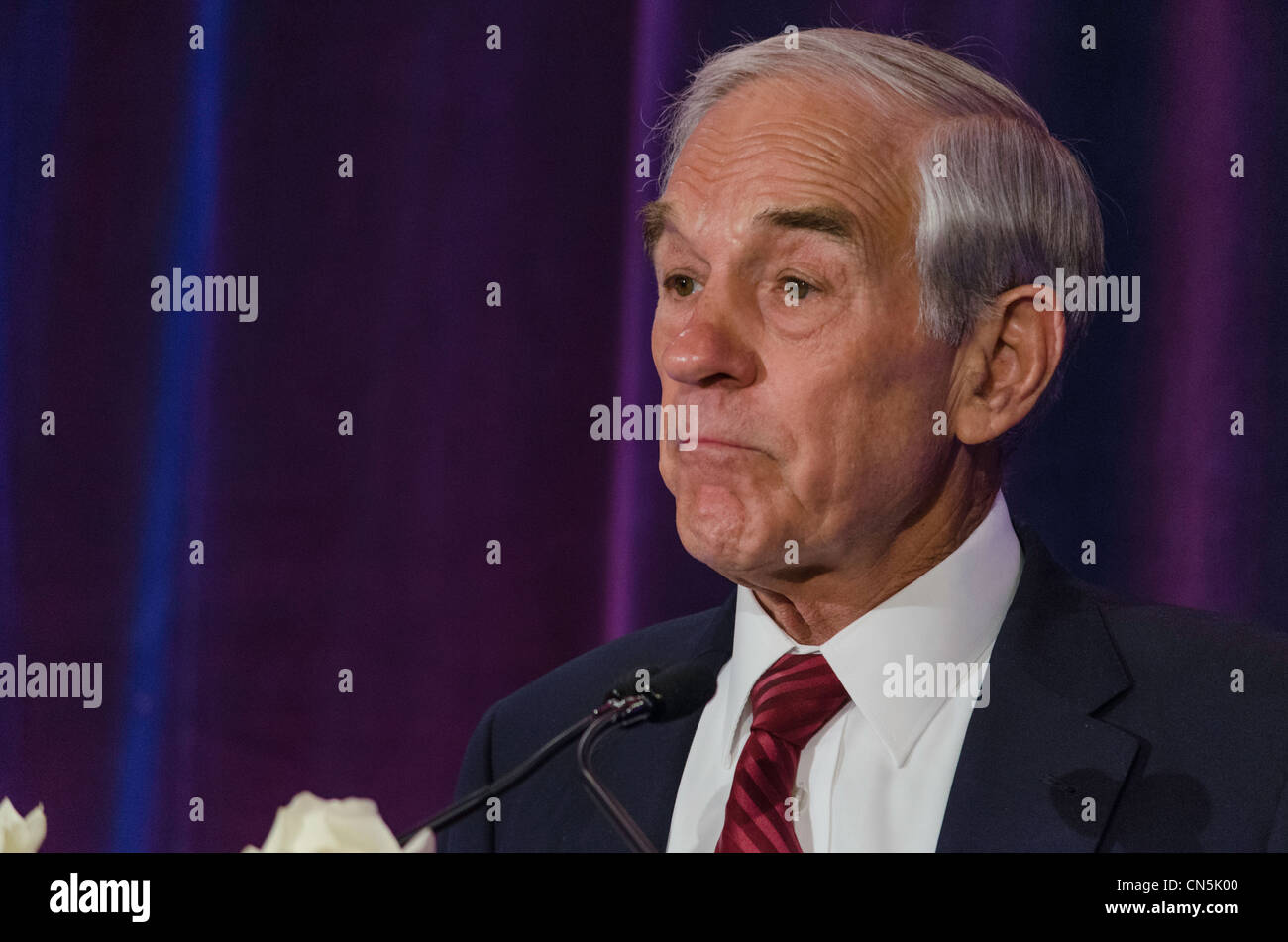 2012 presidential candidate, Ron Paul, speaks to supporters in San Francisco, California on 04/05/2012. Stock Photo