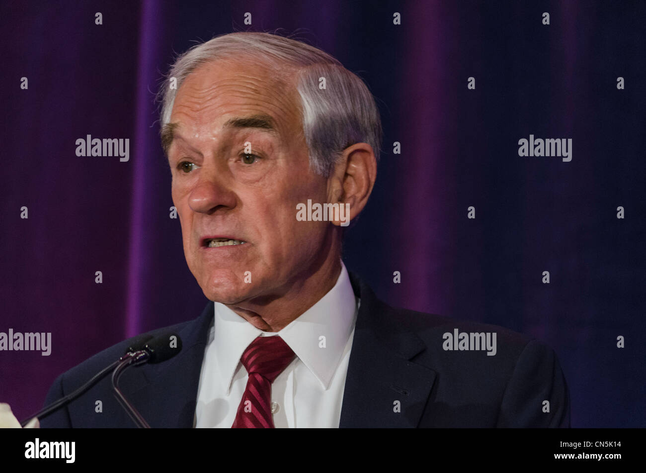 2012 presidential candidate, Ron Paul, speaks to supporters in San Francisco, California on 04/05/2012. Stock Photo